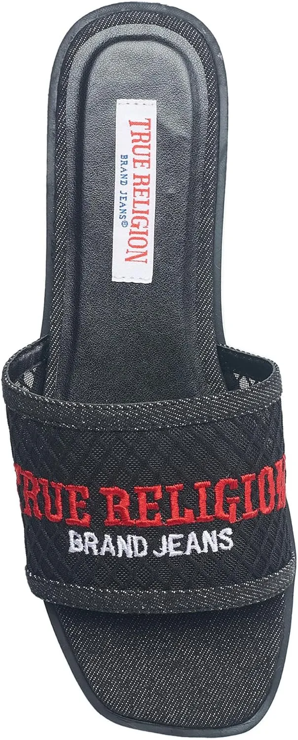 True Religion Women’s Mesh Denim Slide Sandals – Logo Strap, Casual Slip-On Comfort