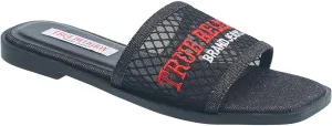 True Religion Women’s Mesh Denim Slide Sandals – Logo Strap, Casual Slip-On Comfort