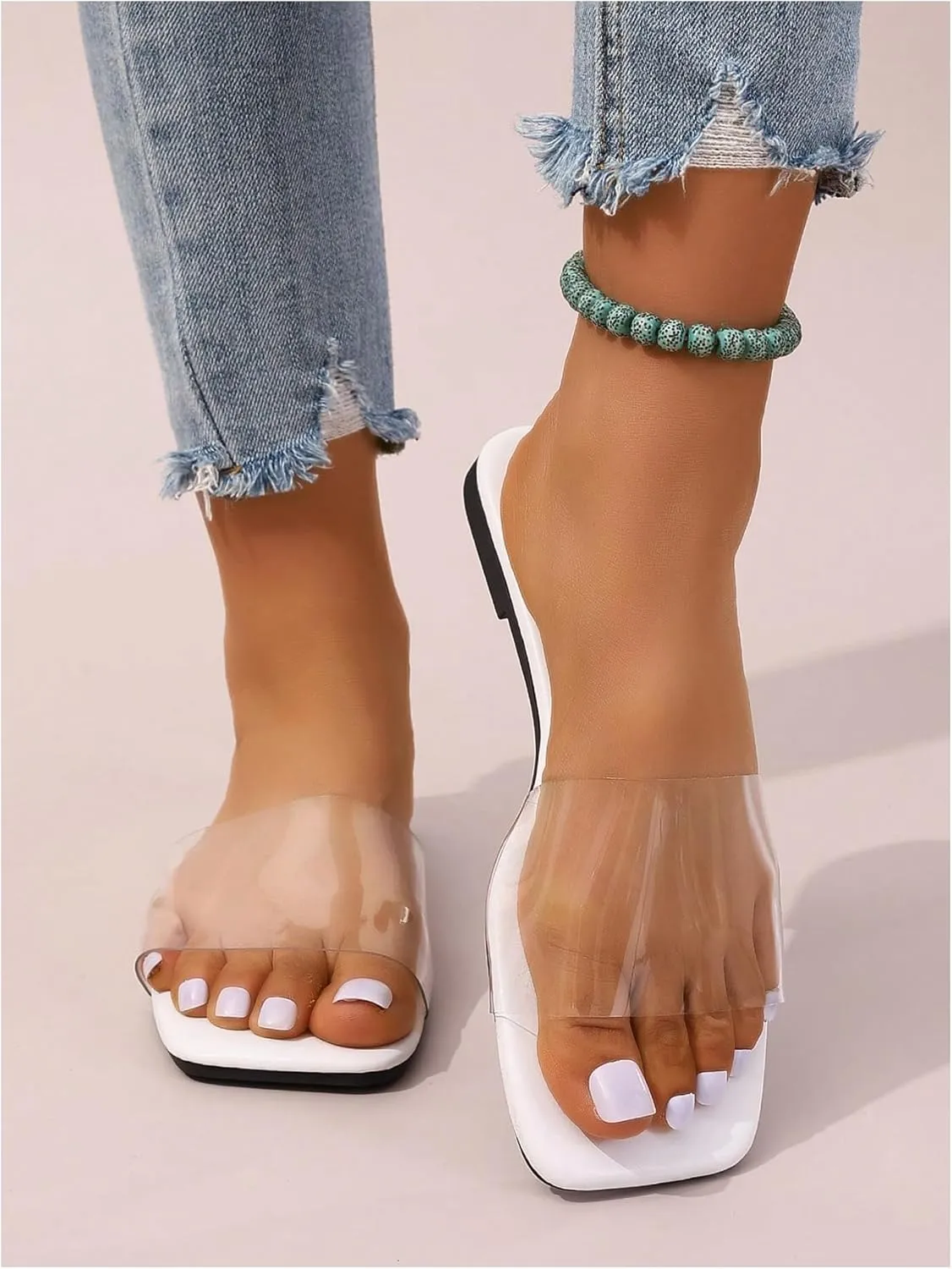 Verdusa Women's Clear Square Toe Slide Sandals Summer Slip On Flat Sandals