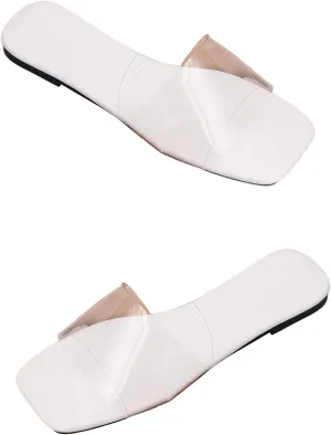 Verdusa Women's Clear Square Toe Slide Sandals Summer Slip On Flat Sandals