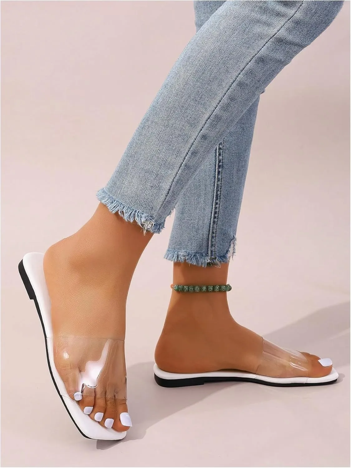 Verdusa Women's Clear Square Toe Slide Sandals Summer Slip On Flat Sandals