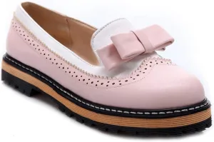 VOKLIN Women's Flat Bow Two Tone Slip On Oxford Shoes Wingtip Perforated Low Heels School Oxfords Brogues