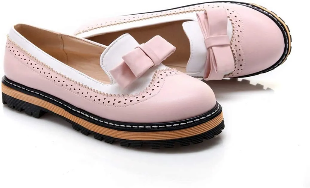 VOKLIN Women's Flat Bow Two Tone Slip On Oxford Shoes Wingtip Perforated Low Heels School Oxfords Brogues