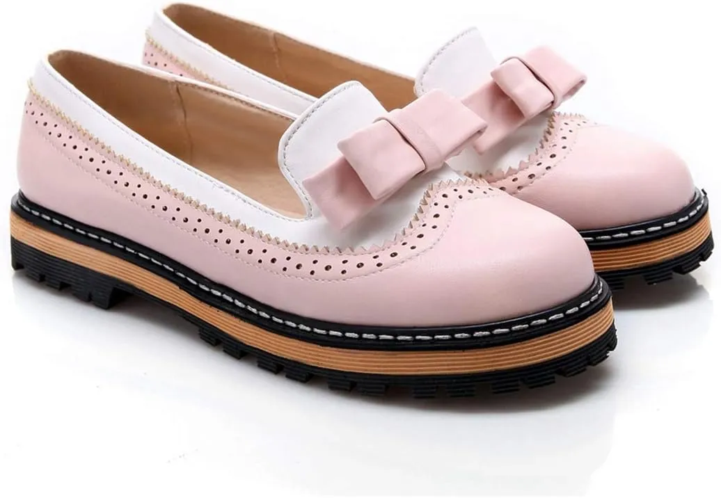VOKLIN Women's Flat Bow Two Tone Slip On Oxford Shoes Wingtip Perforated Low Heels School Oxfords Brogues