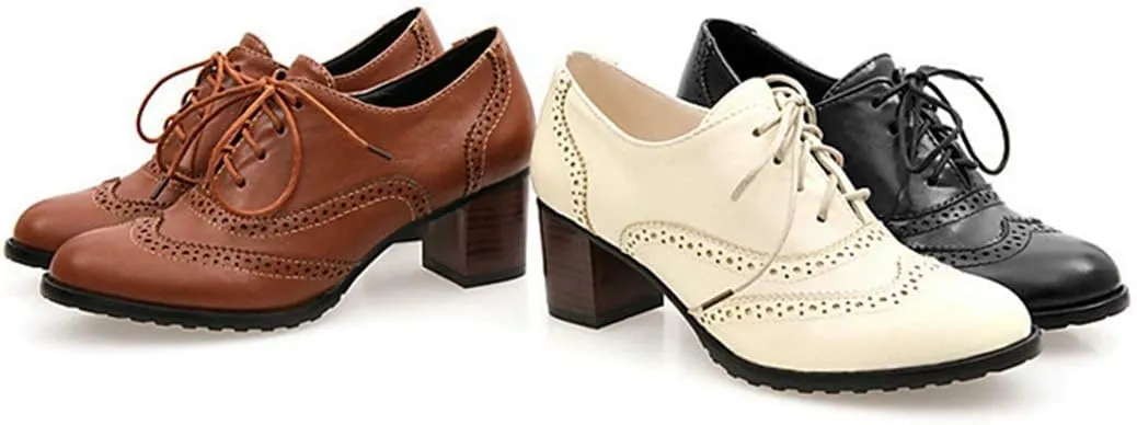 VOKLIN Women's Lace Up Block Heel Pump Oxfords Brogues Wingtip Perforated Chunky Mid Vintage Dress Shoes