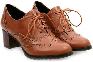 VOKLIN Women's Lace Up Block Heel Pump Oxfords Brogues Wingtip Perforated Chunky Mid Vintage Dress Shoes
