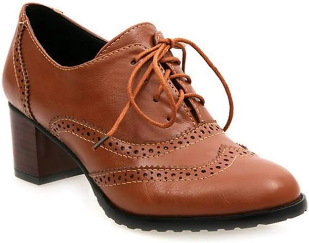 VOKLIN Women's Lace Up Block Heel Pump Oxfords Brogues Wingtip Perforated Chunky Mid Vintage Dress Shoes