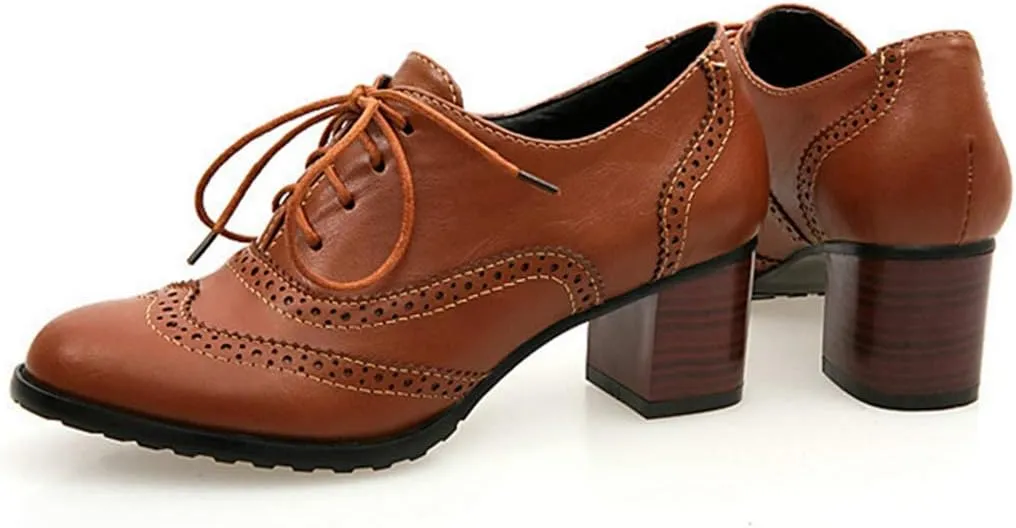 VOKLIN Women's Lace Up Block Heel Pump Oxfords Brogues Wingtip Perforated Chunky Mid Vintage Dress Shoes