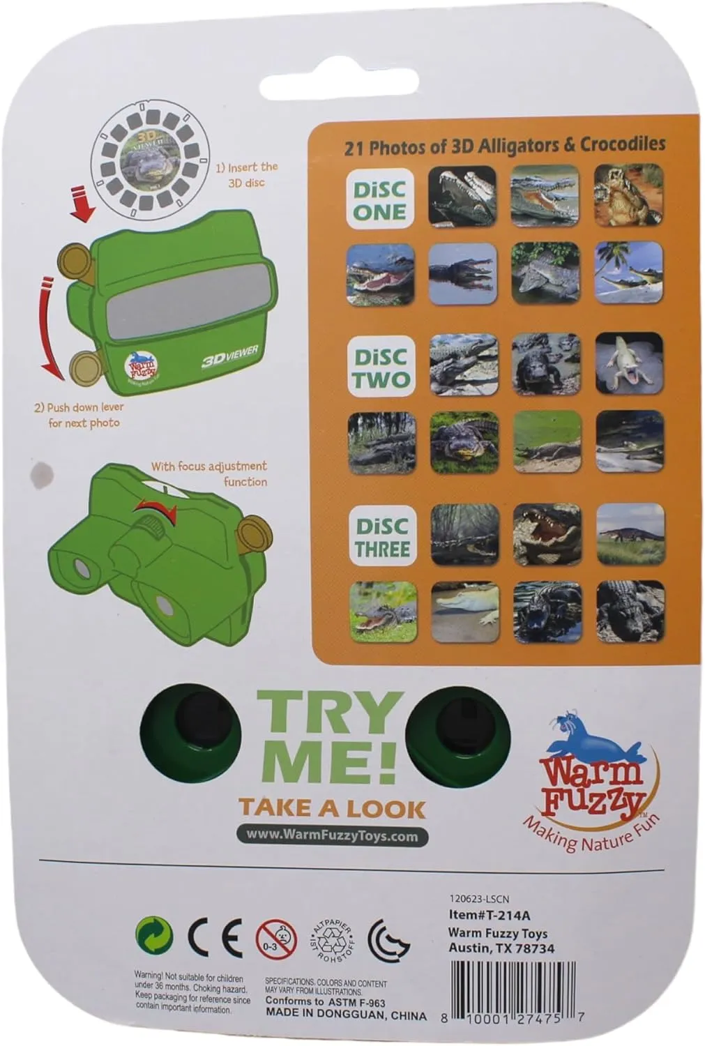 Warm Fuzzy 3D Viewfinder (Alligator) - Kids & Adults Classic Slide Viewer, 3D Reel Viewer, Retro Vintage Toys with 3 Reels - 21 High Definition 3D Images