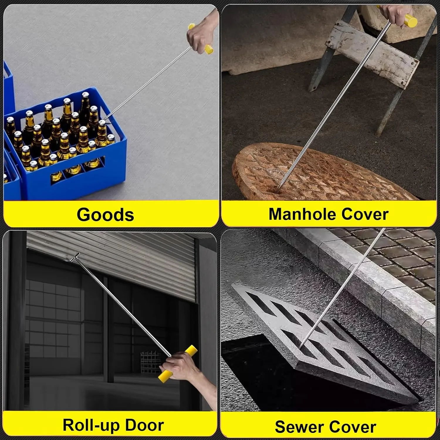 WDJBPSH Stainless Steel Pry Bar for Moving Lifting and Pulling, 26 23 19 15 11inch Length Manhole Cover Lifter with Yellow Non-Slip Handles, Portable - Easy Operation(Dia 8mm,L-11in)