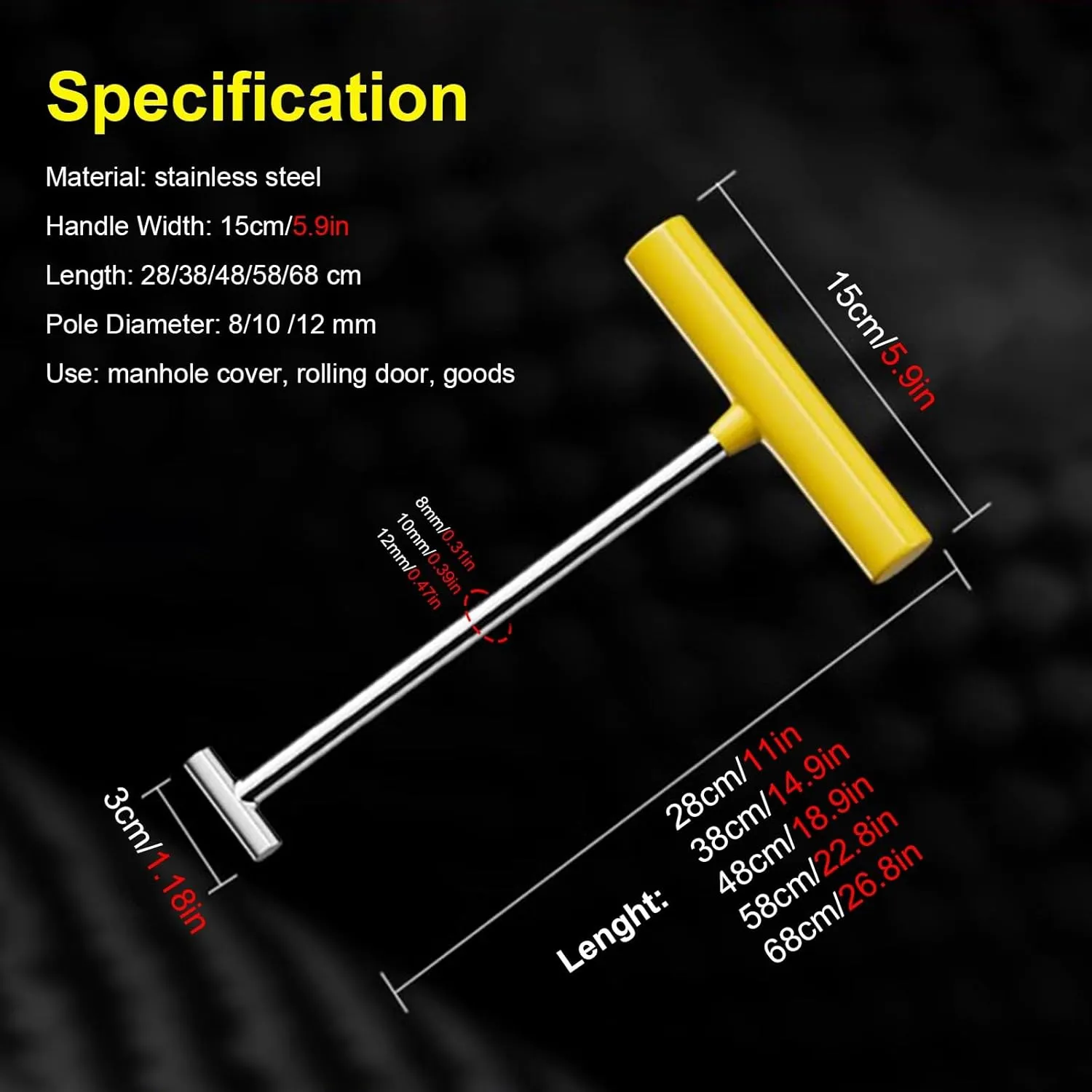 WDJBPSH Stainless Steel Pry Bar for Moving Lifting and Pulling, 26 23 19 15 11inch Length Manhole Cover Lifter with Yellow Non-Slip Handles, Portable - Easy Operation(Dia 8mm,L-11in)