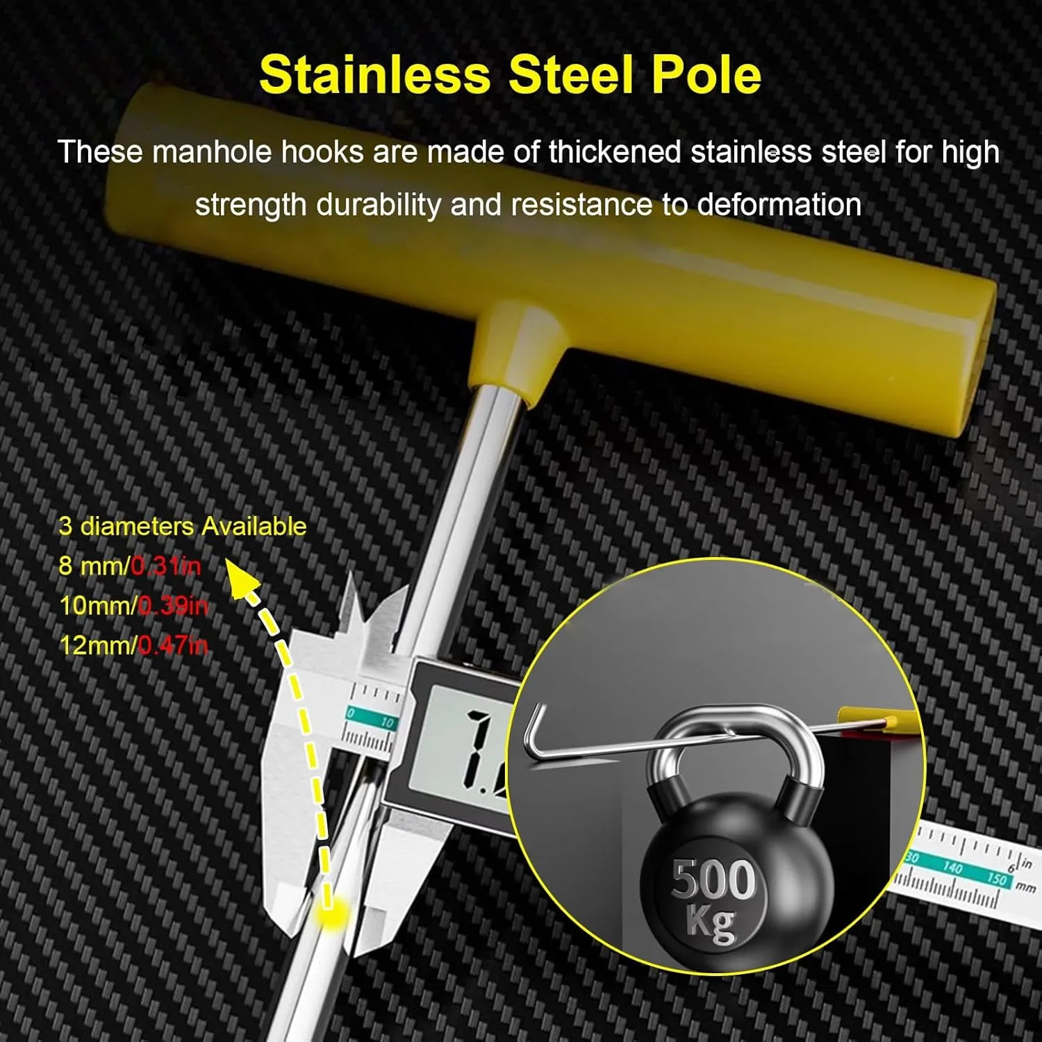 WDJBPSH Stainless Steel Pry Bar for Moving Lifting and Pulling, 26 23 19 15 11inch Length Manhole Cover Lifter with Yellow Non-Slip Handles, Portable - Easy Operation(Dia 8mm,L-11in)