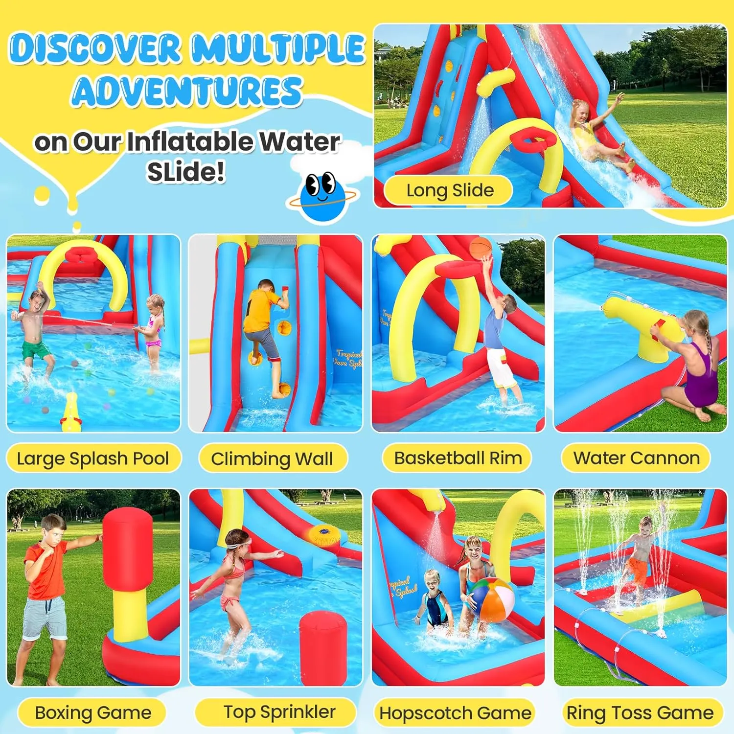 Whubefy Inflatable Water Slide Bounce House, 13.2x10Ft 13-in-1 Bounce House Obstacle Course Waterslides, Summer Fun w/Boxing Pole/Slide/ 10  Accessories, Inflatable Water Slide for Kids Outdoor