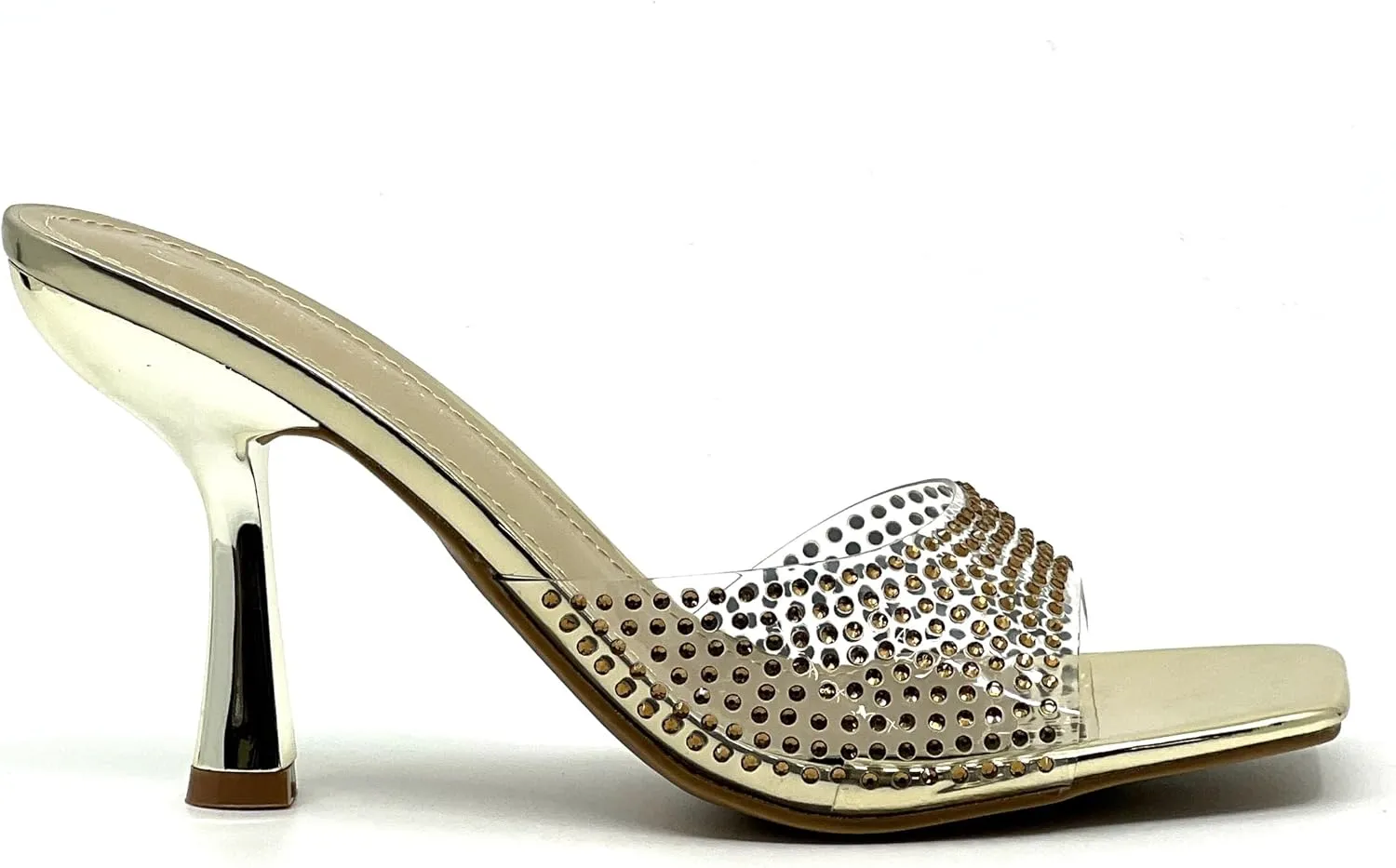 Wild Diva Women Rhinestone Clear Strap Square Toe Heel Sandals Slip on Shoes