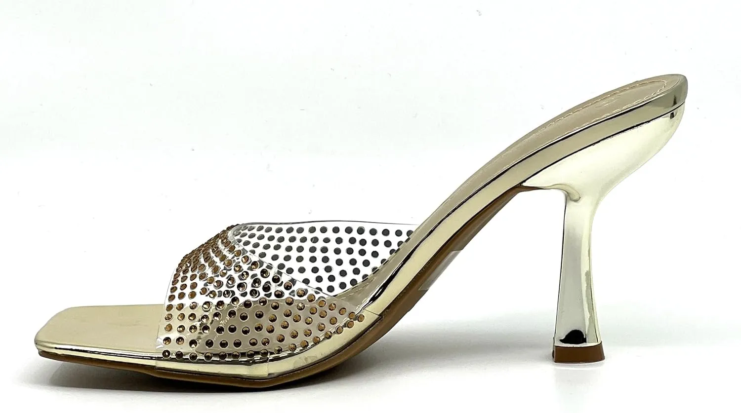 Wild Diva Women Rhinestone Clear Strap Square Toe Heel Sandals Slip on Shoes
