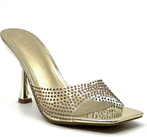 Wild Diva Women Rhinestone Clear Strap Square Toe Heel Sandals Slip on Shoes