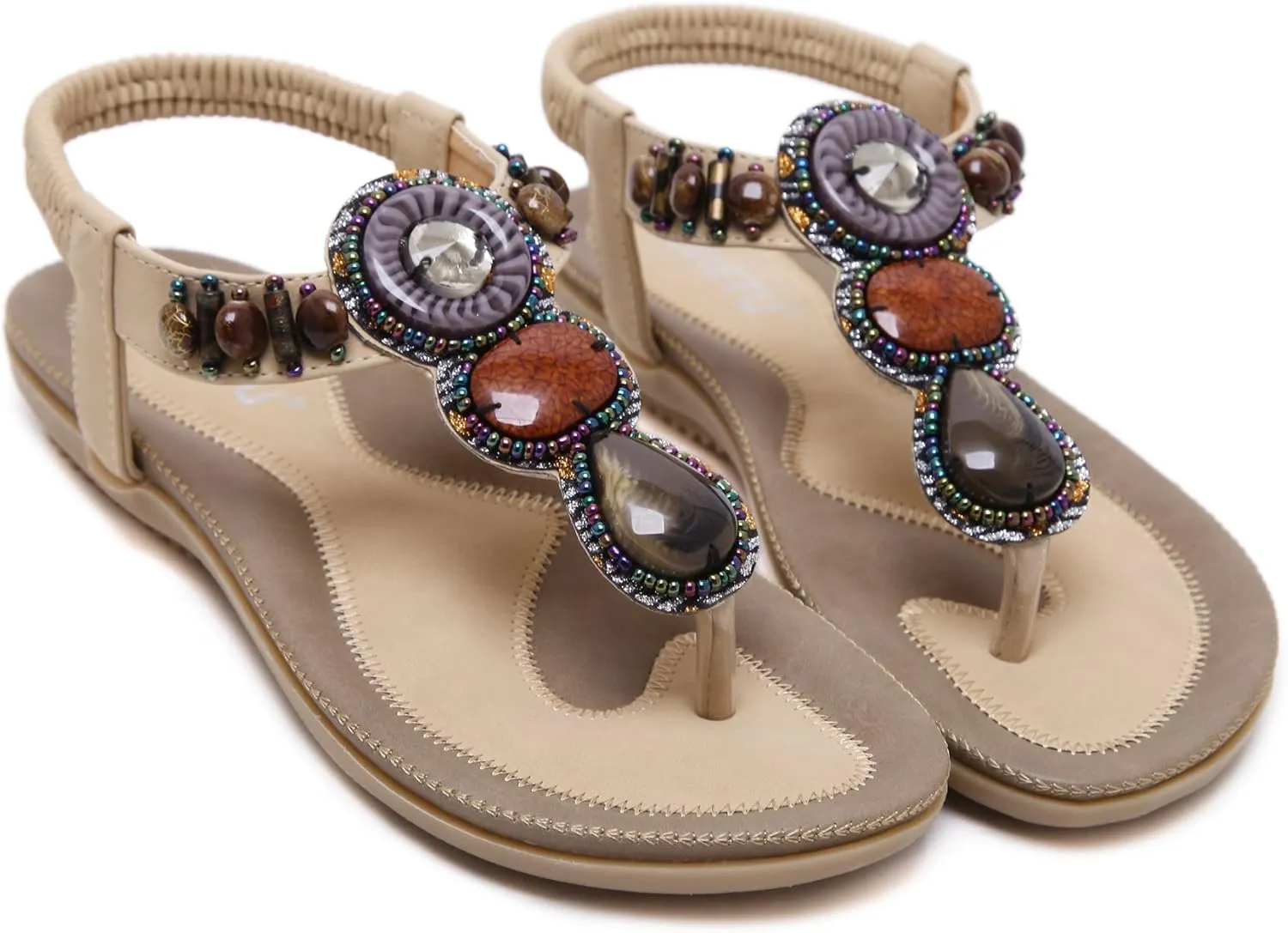 Women T-Strap Beaded Flower Gladiator Flat Dress Sandals Beach Shoes Bohemian Thong Sandal Elastic Back Strap Clip Toe Flats Sandals Summer Bohemian Rhinestone Slingback Beach Flip Flops Shoes