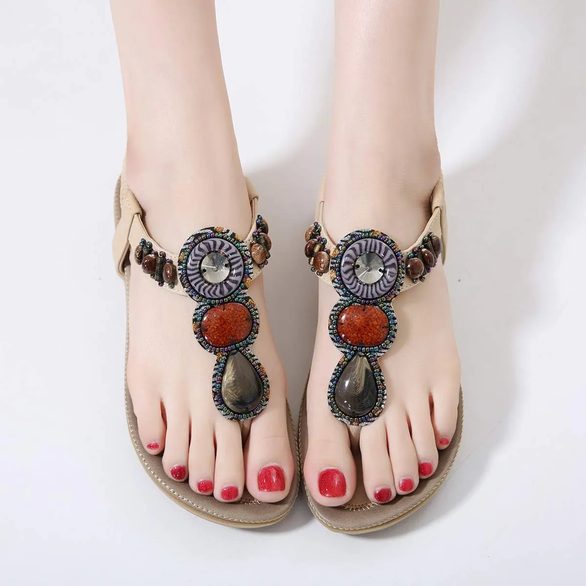 Women T-Strap Beaded Flower Gladiator Flat Dress Sandals Beach Shoes Bohemian Thong Sandal Elastic Back Strap Clip Toe Flats Sandals Summer Bohemian Rhinestone Slingback Beach Flip Flops Shoes