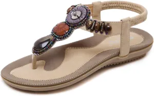 Women T-Strap Beaded Flower Gladiator Flat Dress Sandals Beach Shoes Bohemian Thong Sandal Elastic Back Strap Clip Toe Flats Sandals Summer Bohemian Rhinestone Slingback Beach Flip Flops Shoes