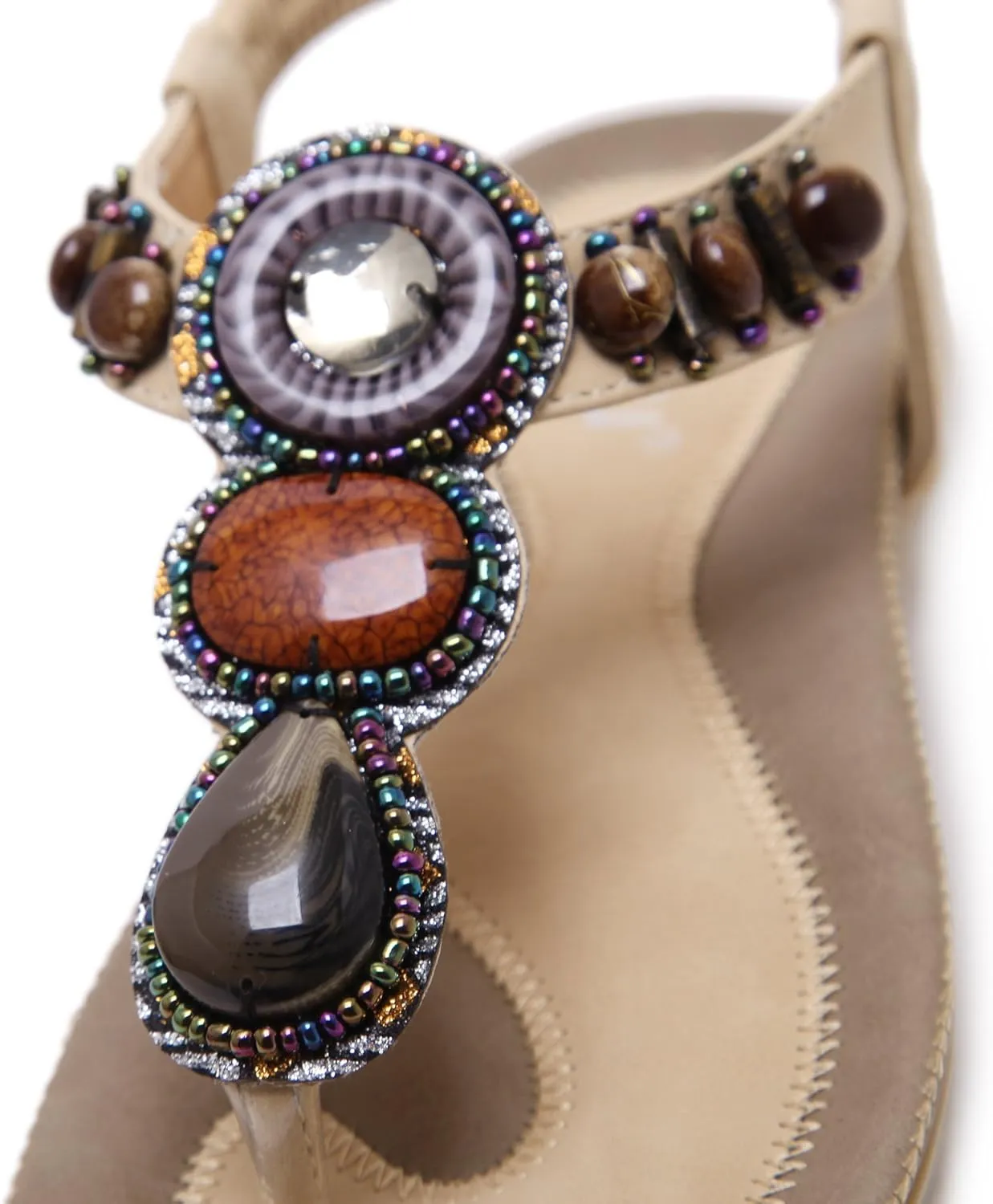 Women T-Strap Beaded Flower Gladiator Flat Dress Sandals Beach Shoes Bohemian Thong Sandal Elastic Back Strap Clip Toe Flats Sandals Summer Bohemian Rhinestone Slingback Beach Flip Flops Shoes