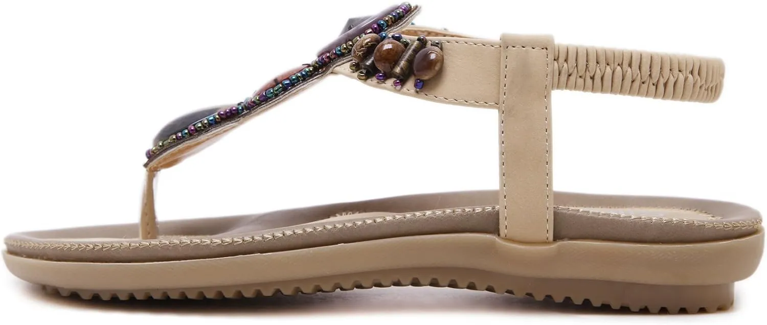 Women T-Strap Beaded Flower Gladiator Flat Dress Sandals Beach Shoes Bohemian Thong Sandal Elastic Back Strap Clip Toe Flats Sandals Summer Bohemian Rhinestone Slingback Beach Flip Flops Shoes