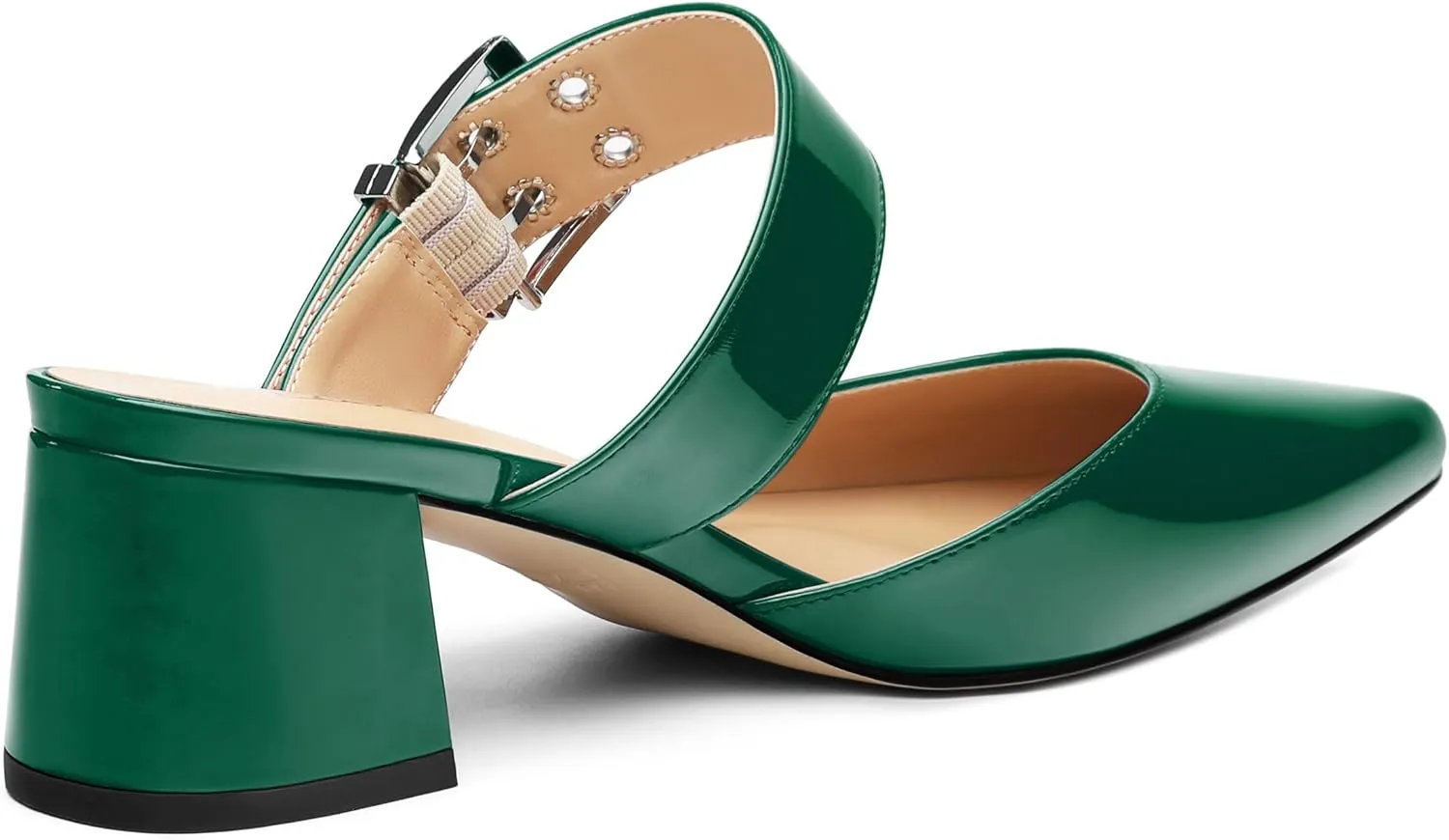 Women's Adjustable Strap Buckle Patent Solid Pointed Toe Chunky Low Heel Mules Casual Dress Pumps Slide Sandals 2 Inch