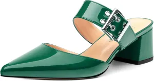 Women's Adjustable Strap Buckle Patent Solid Pointed Toe Chunky Low Heel Mules Casual Dress Pumps Slide Sandals 2 Inch
