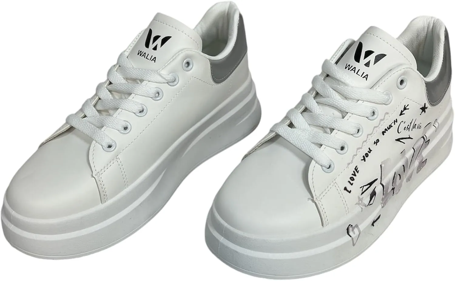 Women's Casual Sneakers with Leopard Print Accents, Lace-up, White, 'C'est la Vie' Text
