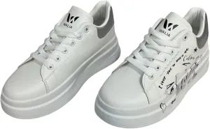 Women's Casual Sneakers with Leopard Print Accents, Lace-up, White, 'C'est la Vie' Text