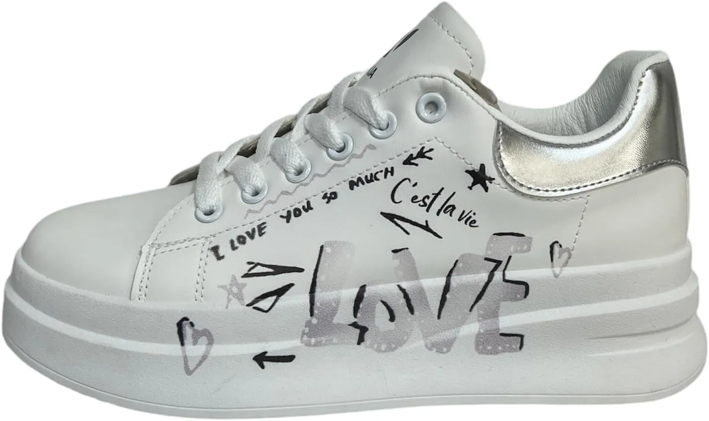 Women's Casual Sneakers with Leopard Print Accents, Lace-up, White, 'C'est la Vie' Text