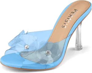 Women's Clear Strap High Kitten Transparent Heel Black Red Floral Heels Sexy Slip On Round Open Peep Toe Rhinestone Mules Slide Sandals Summer Backless Party Prom Dress Shoes 3 Inch