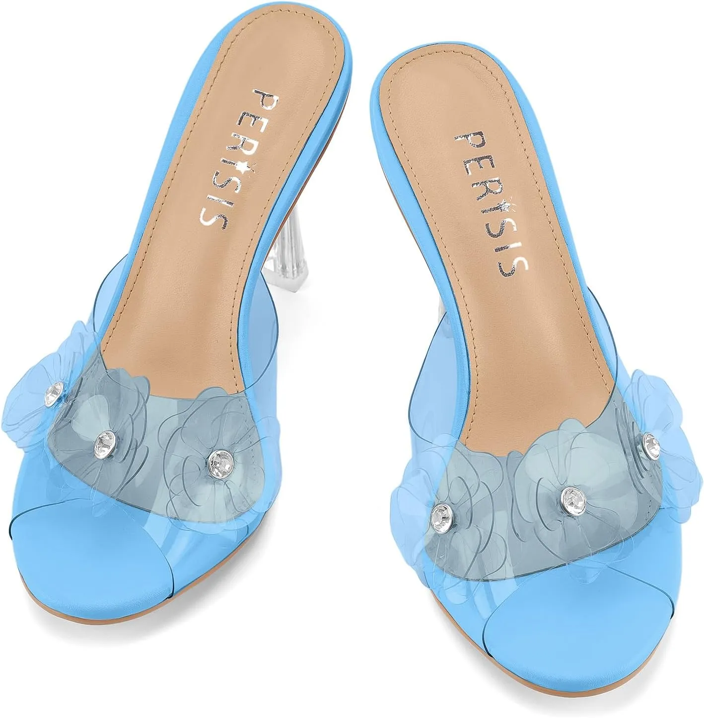 Women's Clear Strap High Kitten Transparent Heel Black Red Floral Heels Sexy Slip On Round Open Peep Toe Rhinestone Mules Slide Sandals Summer Backless Party Prom Dress Shoes 3 Inch