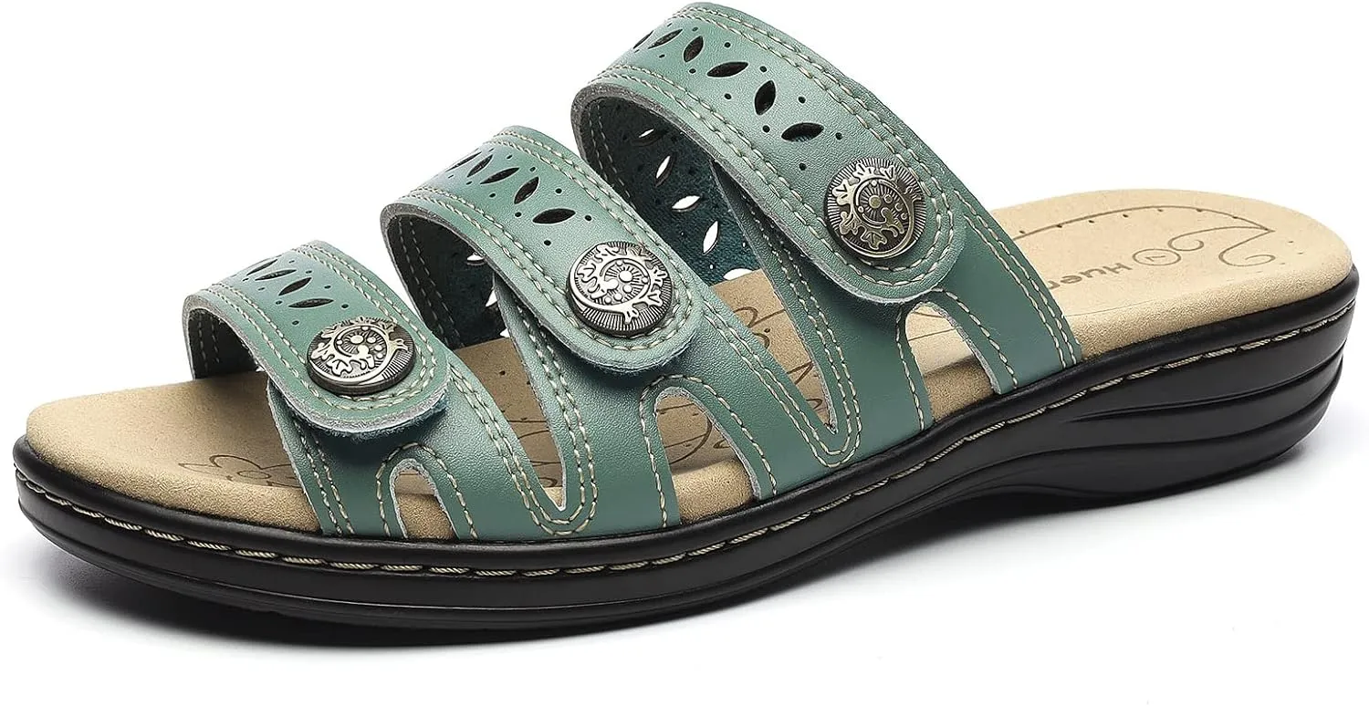 Women's Comfort Leather Slides Lightweight Flat Sandals Cute Slip On Casual Walking Slippers