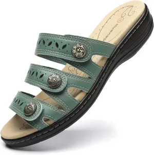 Women's Comfort Leather Slides Lightweight Flat Sandals Cute Slip On Casual Walking Slippers