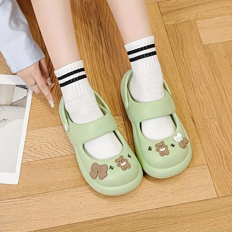 Women's Cute Bear Clogs, Round Toe Cut-Out Slip On EVA Slide Sandals, Casual Outdoor Beach Shoes