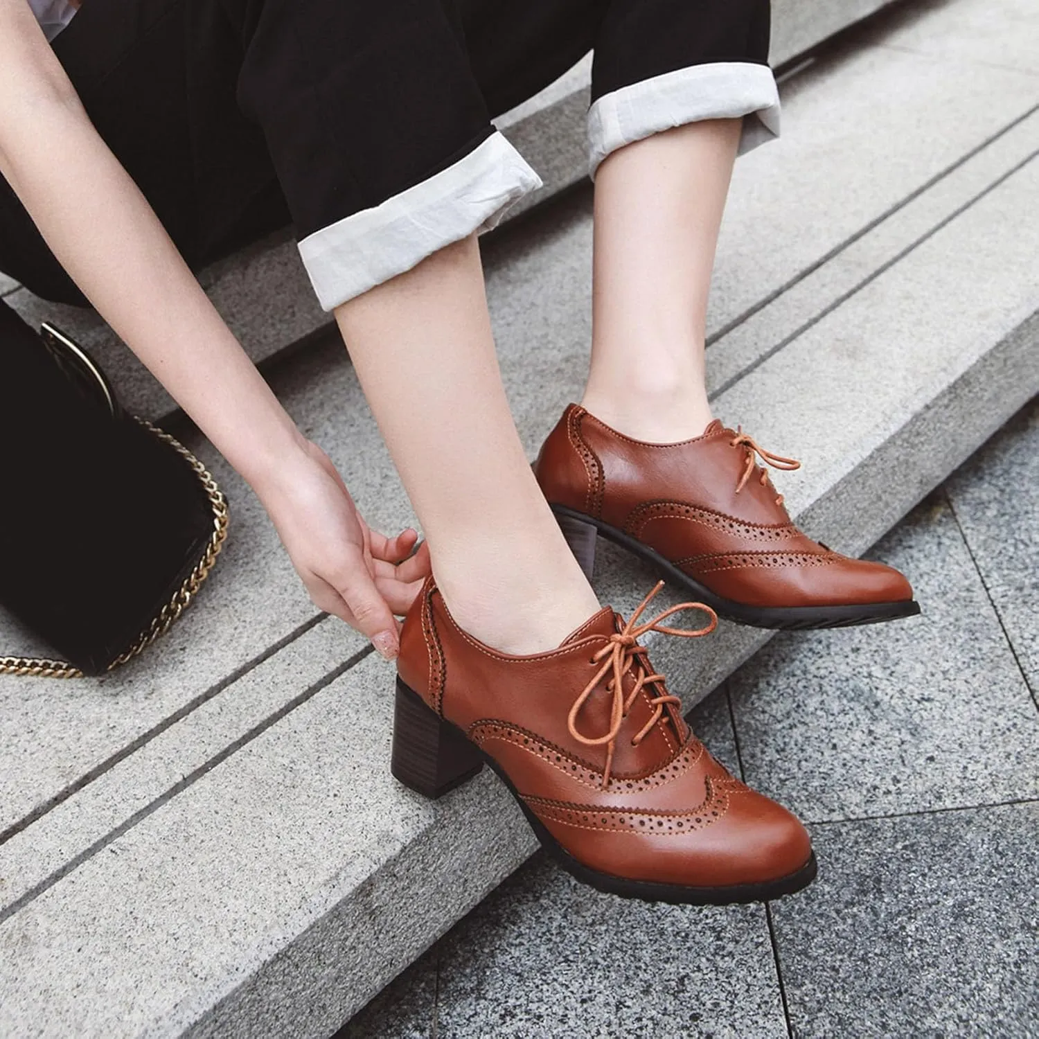 Womens High Heel Pumps Lace Up Oxfords Brogues Shoes