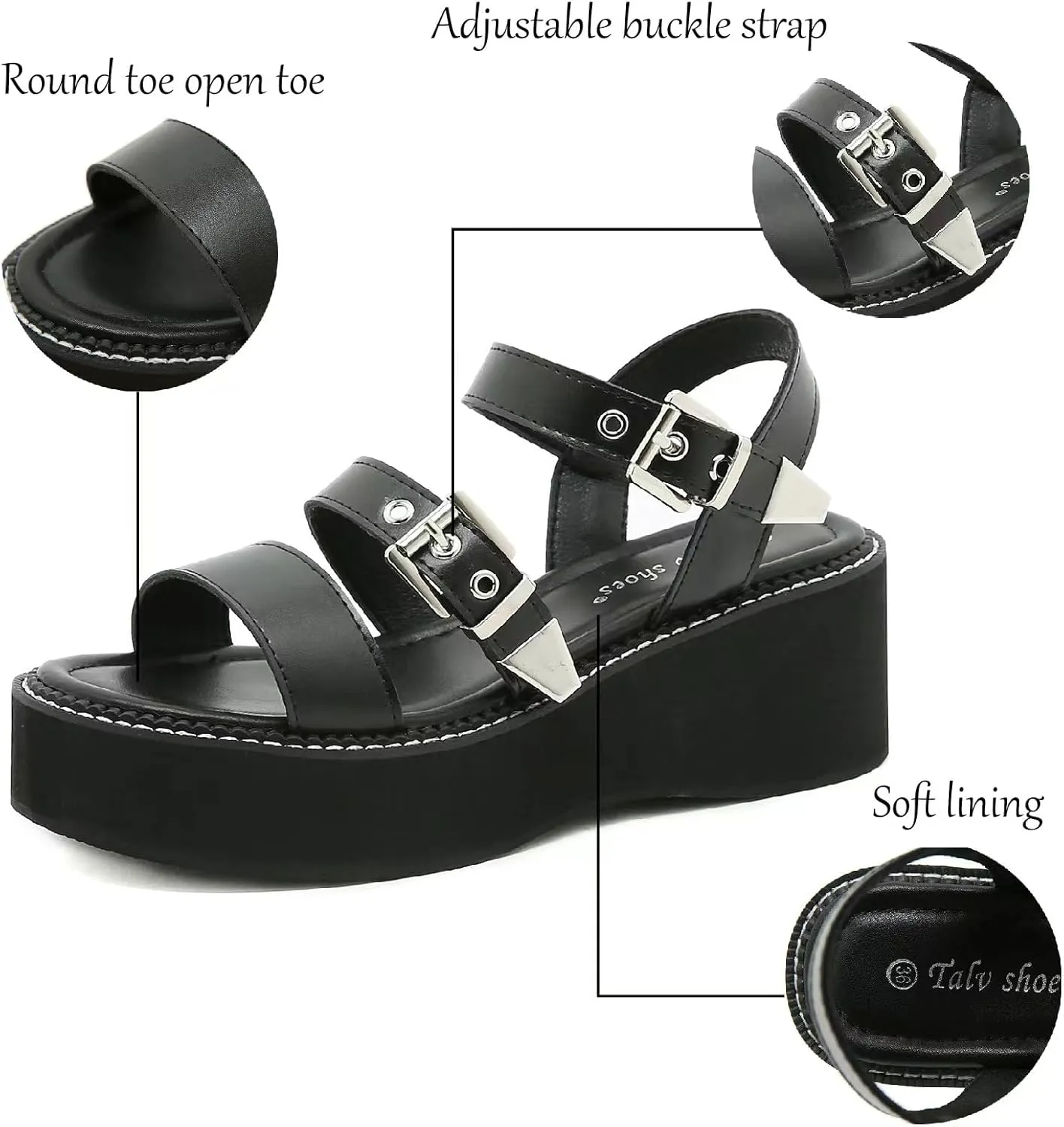 Women's Leather Strappy Wedge Platform Goth Sandals With Adjust Ankle Buckle Fashion Comfortable Round Open Toe Chunky Heel Anti-slip Slingback Everyday Y2K Punk Sandals
