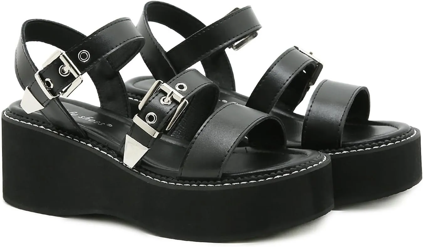 Women's Leather Strappy Wedge Platform Goth Sandals With Adjust Ankle Buckle Fashion Comfortable Round Open Toe Chunky Heel Anti-slip Slingback Everyday Y2K Punk Sandals
