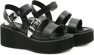 Women's Leather Strappy Wedge Platform Goth Sandals With Adjust Ankle Buckle Fashion Comfortable Round Open Toe Chunky Heel Anti-slip Slingback Everyday Y2K Punk Sandals