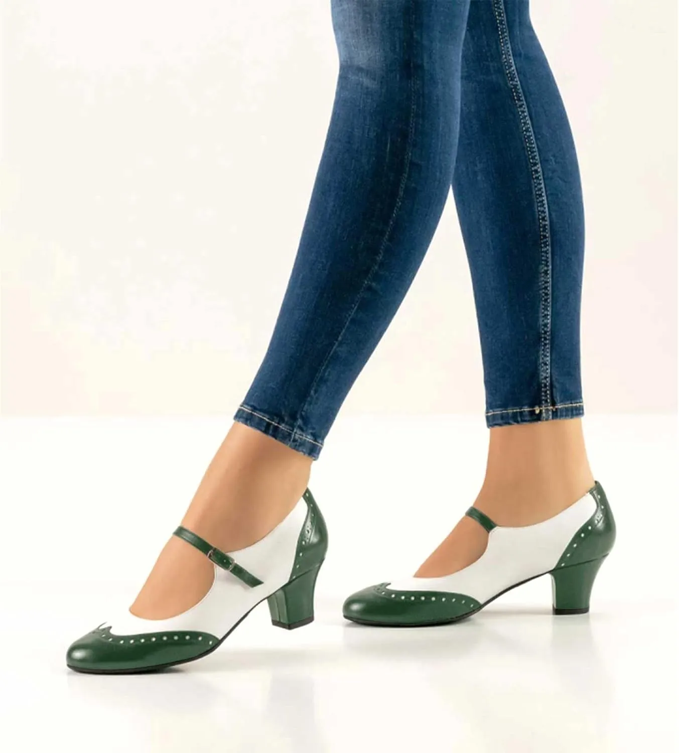 Women's Mary Jane Kitten Heel Two Tone Splicing Wingtip Pumps Closed Round Toe 1.8 Inch Chunky Heel with Ankle Strap Oxford Style Party Office Lady Dress Pumps Shoe