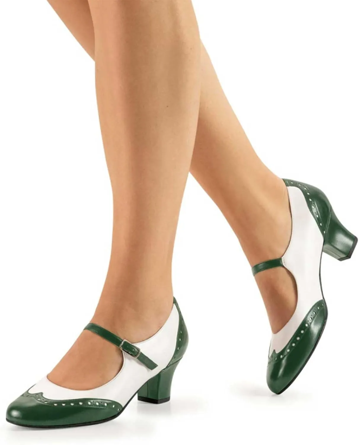 Women's Mary Jane Kitten Heel Two Tone Splicing Wingtip Pumps Closed Round Toe 1.8 Inch Chunky Heel with Ankle Strap Oxford Style Party Office Lady Dress Pumps Shoe