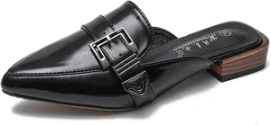 Womens Pointed Toe Slide Mules Metal Buckle Slip on Flat Low Heel Backless Loafers Slipper Shoes