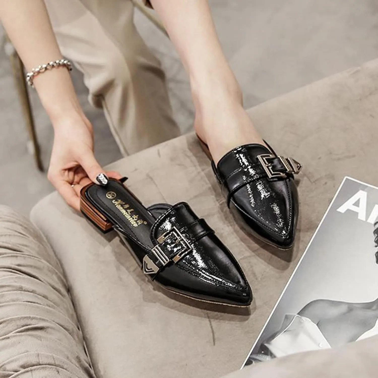 Womens Pointed Toe Slide Mules Metal Buckle Slip on Flat Low Heel Backless Loafers Slipper Shoes