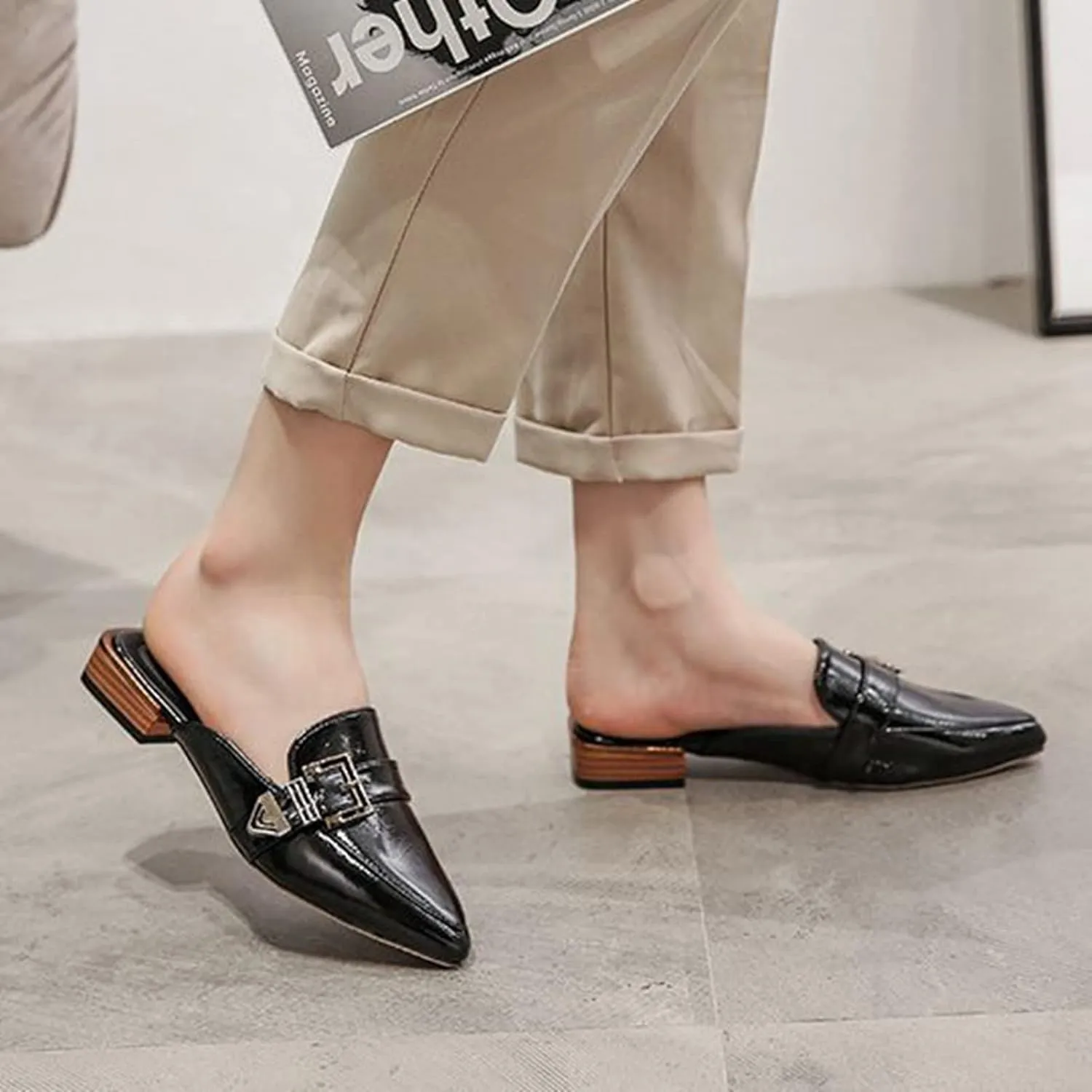 Womens Pointed Toe Slide Mules Metal Buckle Slip on Flat Low Heel Backless Loafers Slipper Shoes