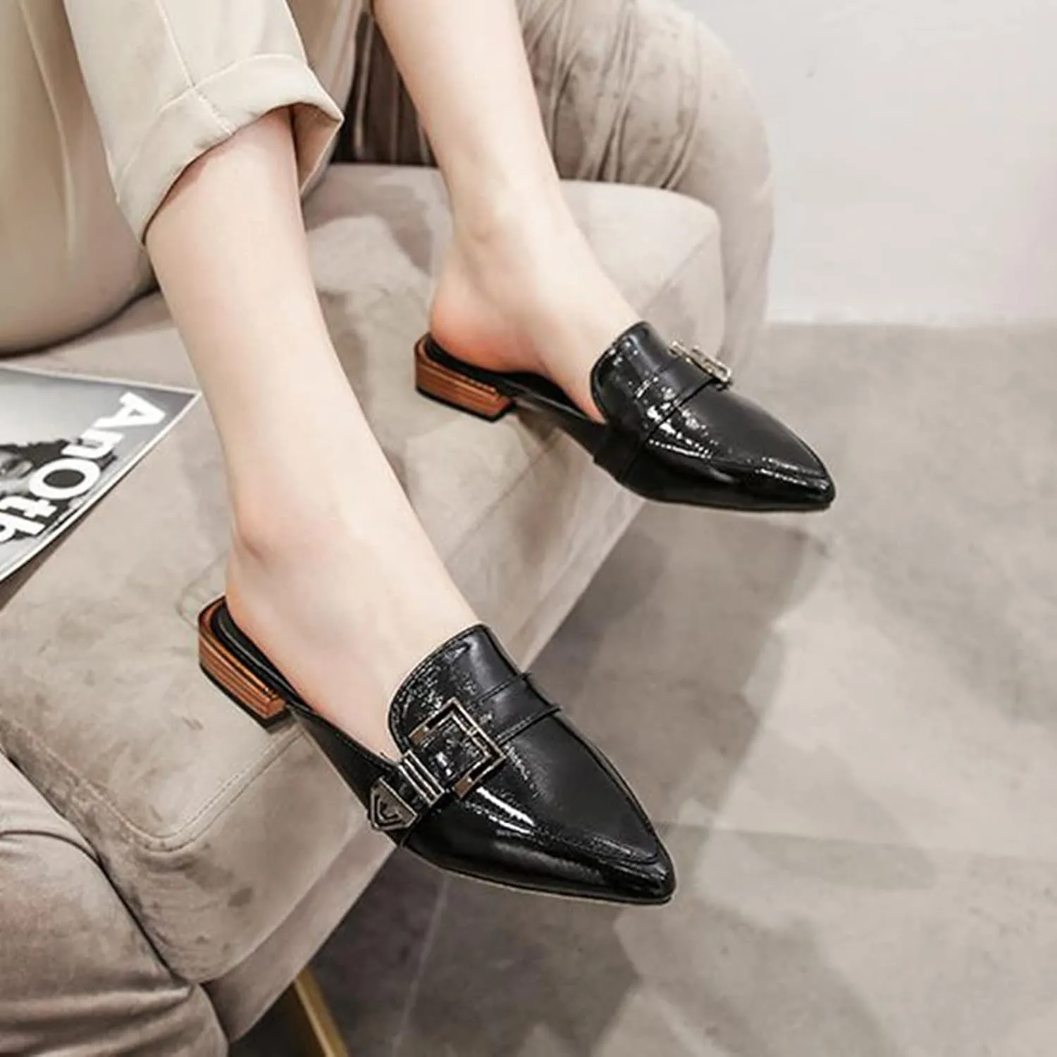 Womens Pointed Toe Slide Mules Metal Buckle Slip on Flat Low Heel Backless Loafers Slipper Shoes
