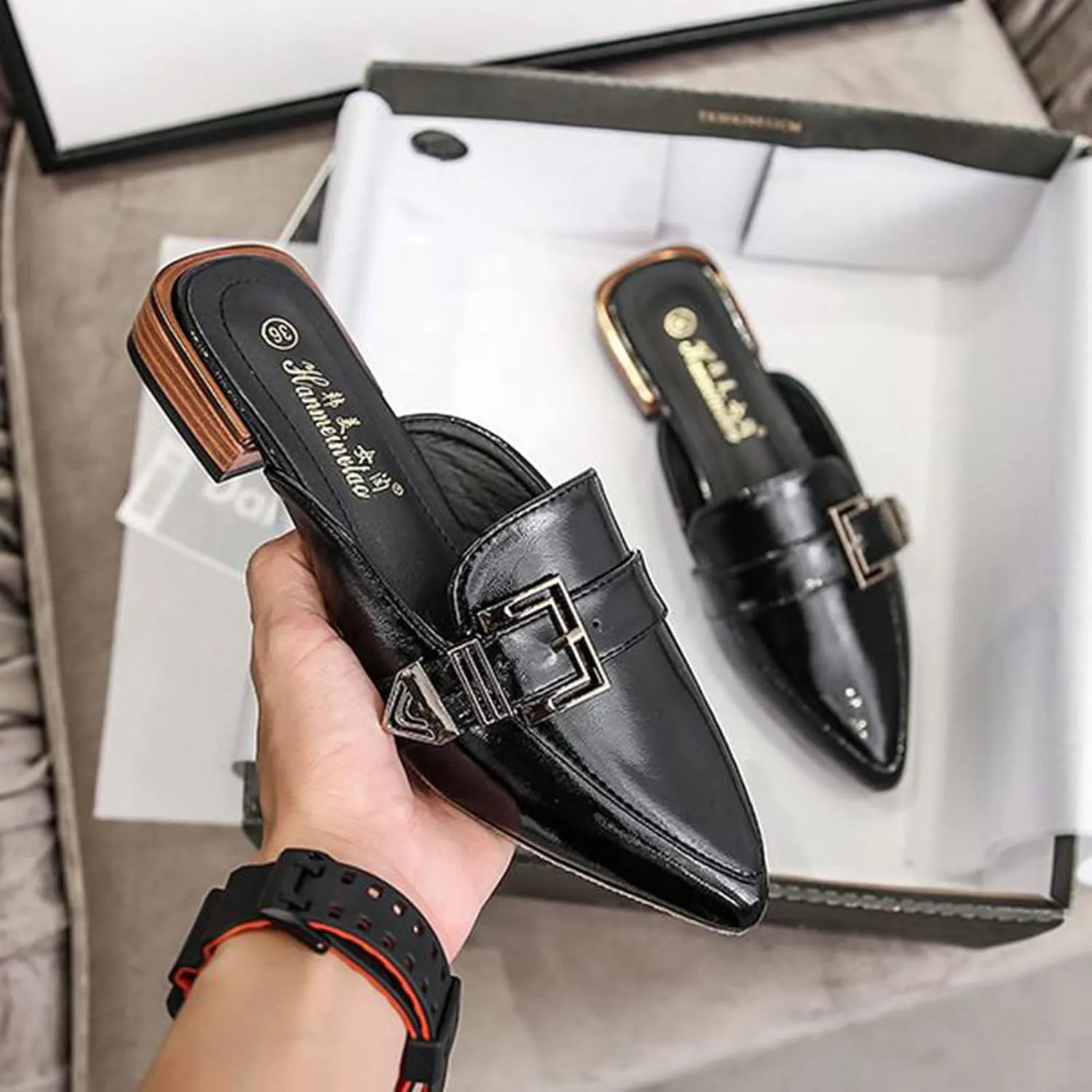 Womens Pointed Toe Slide Mules Metal Buckle Slip on Flat Low Heel Backless Loafers Slipper Shoes