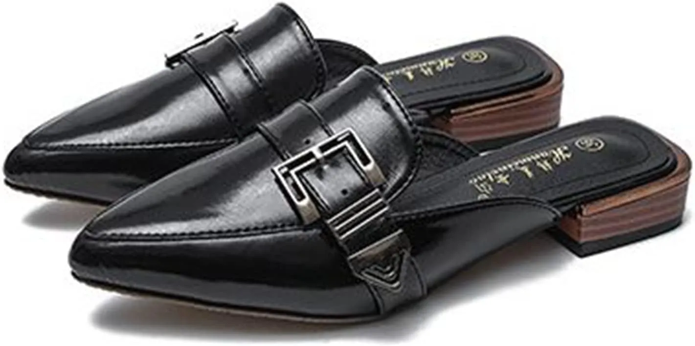 Womens Pointed Toe Slide Mules Metal Buckle Slip on Flat Low Heel Backless Loafers Slipper Shoes