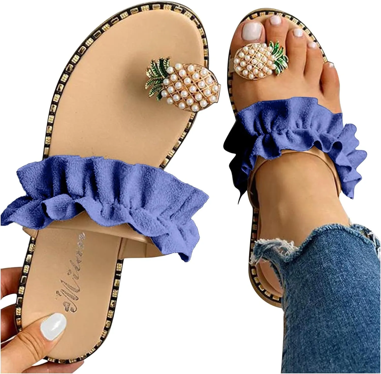 Womens S Slippers Women's Pearl Pineapple Rhinestone Flat Sandals Crystal Bohemian Slides Slippers for Women Hard