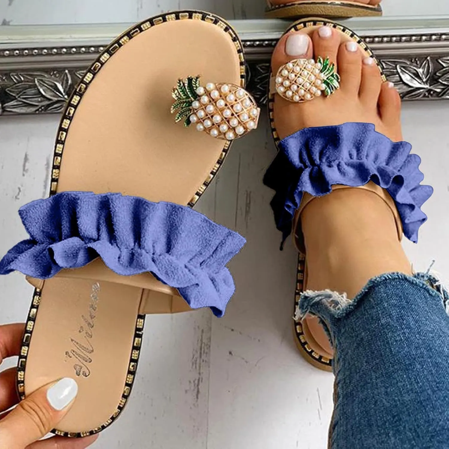 Womens S Slippers Women's Pearl Pineapple Rhinestone Flat Sandals Crystal Bohemian Slides Slippers for Women Hard