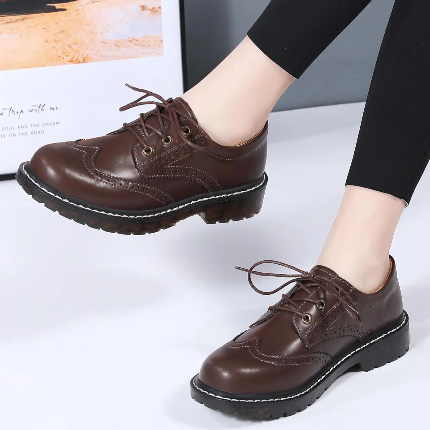 XMM Oxford Shoes for Women Women's Oxford Shoe Lace-Up Round Toe Leather Flat Classic Non-Slip Work Business Dress Office Shoes